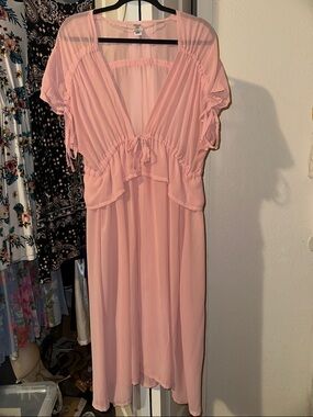 Sheer Soft Pink V-Neck Midi Dress Kimono with Tie Waist